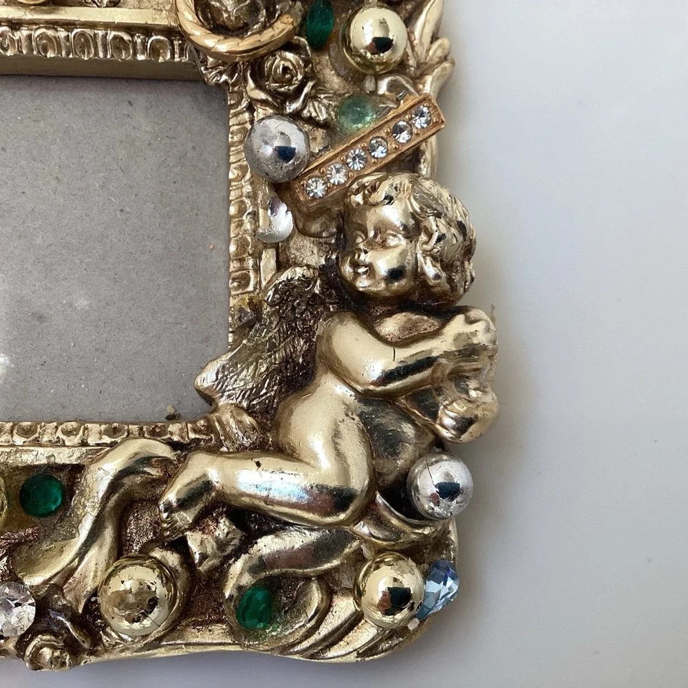 Gold jeweled angel picture frame 4x4 bows and rhinestones great gift idea